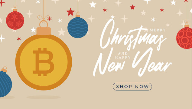 Merry Christmas bitcoin symbol banner. bitcoin sign as christmas bauble ball hanging greeting card. Vector image for xmas, finance, new years day, banking, money