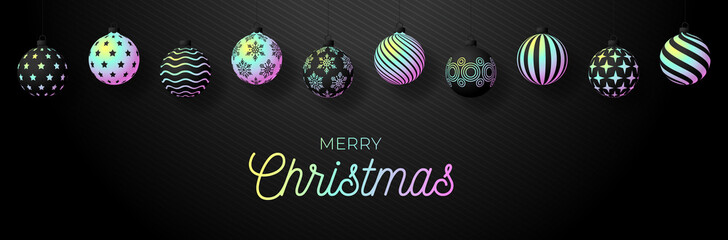 Christmas greeting card Holographic foil bauble ball. Merry Christmas and Happy New Year banner with iridescent realistic festive ball gradient holographic neon shade color. Vector illustration