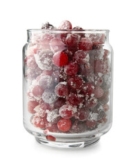 Jar with tasty sugared cranberries on white background