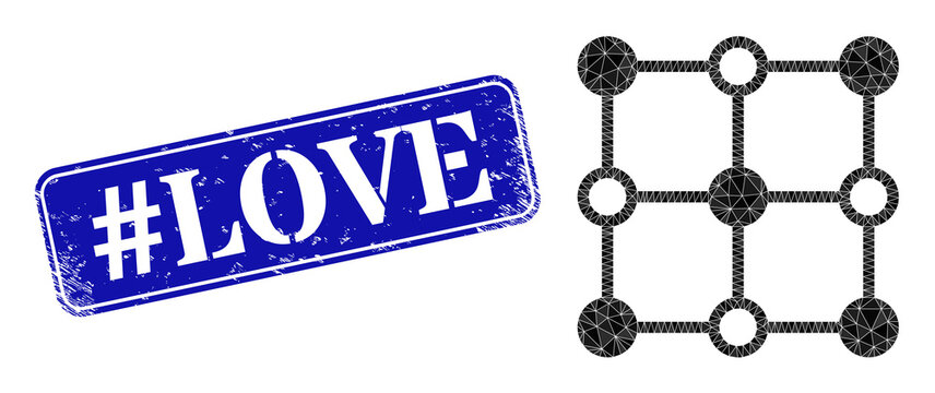 Low-poly crystal grid nodes constructed with randomized filled triangles, and grunge #Love stamp. Blue rounded framed rectangle stamp includes #Love tag inside framed rectangle shape.
