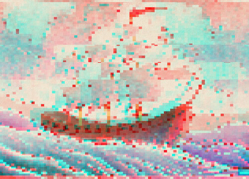Ship On Wavy Glitch Sea