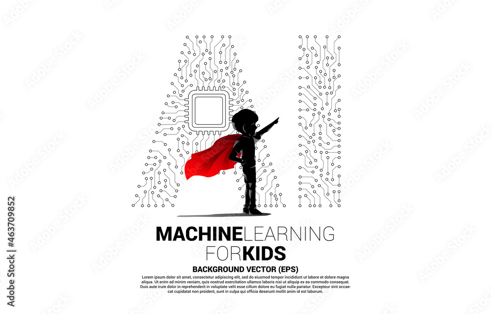 Aufkleber silhouette of kid in superhero suit with dot connect line shaped ai and cpu center. concept for mach
