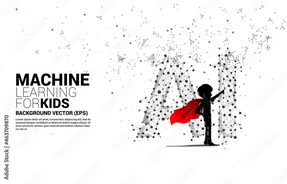 Poster silhouette of boy in superhero suit standing polygon dot connect line shaped ai. concept for machine
