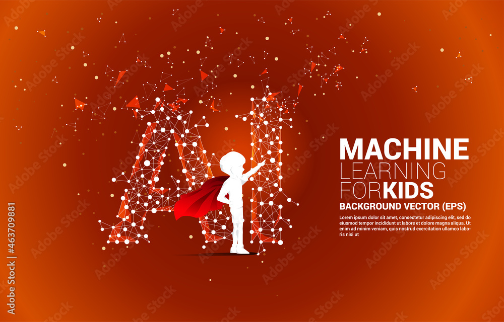 Poster silhouette of boy in superhero suit standing polygon dot connect line shaped ai. concept for machine