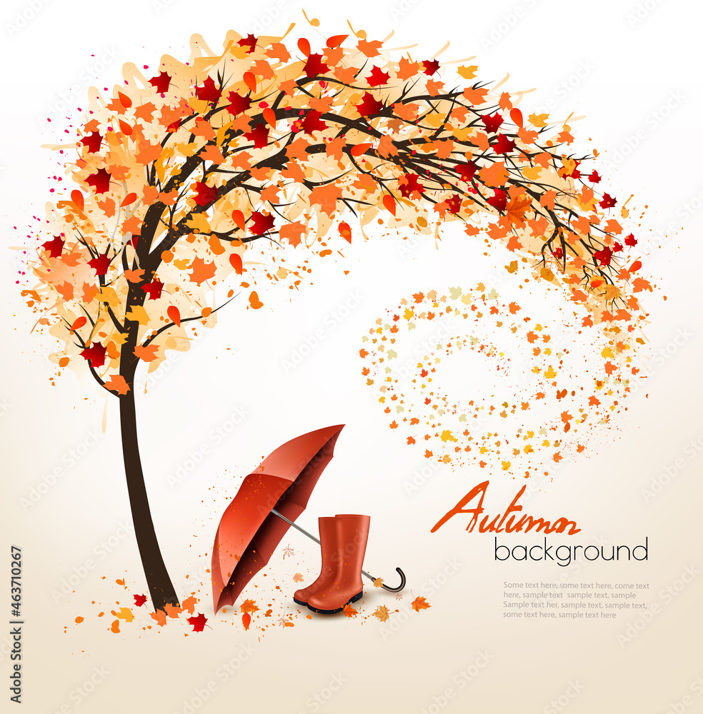 Poster autumn background with umbrella and rain boots. vector.