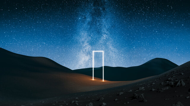 Desert landscape with a light gate under a starry sky