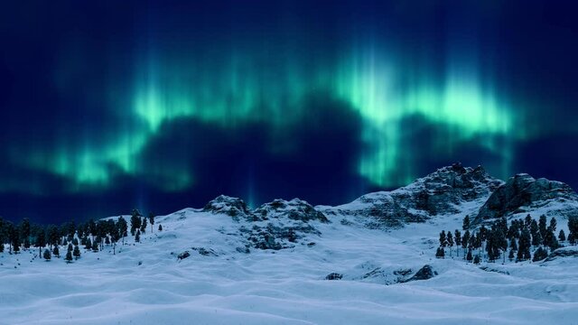 Northern Lights Aurora Borealis flashes in dramatic night sky over desolate snowy winter landscape at polar nighttime. With no people natural background 3D animation rendered in 4K