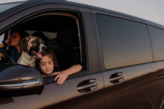 Family and traveler pet inside a van