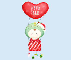 Cute baby santa flying with air balloon for merry christmas illustration Premium Vector