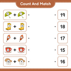 Count and match, count the number of Umbrella, Rubber Boots, Oak Leaf, Coffee Cup, Mushroom Boletus and match with the right numbers. Educational children game, printable worksheet