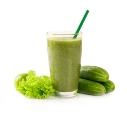 Green smoothie in glass with vegetable , lime, cucumber and lettuce isolated on white background.