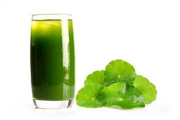 Gotu Kola drink ( centalla asiatica ) Gotu kola juice and leaves isolated on white background.