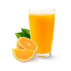 Fresh orange juice in glass with half and leaves on white background.