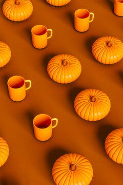 pattern of Pumpkins and a mug on brown background