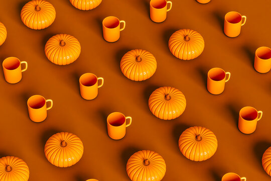 pattern of some Pumpkins and a mug on brown background