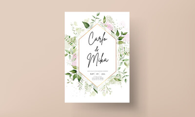 modern wedding invitation card with watercolor leaves