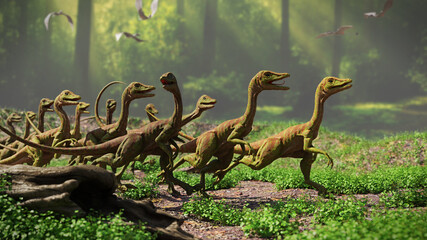 Compsognathus longipes in the forest, group of dinosaurs from the Late Jurassic period
