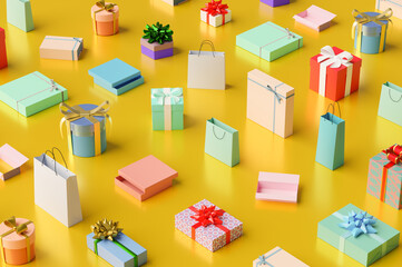 Presents: scattered colorful gifts and gift bags