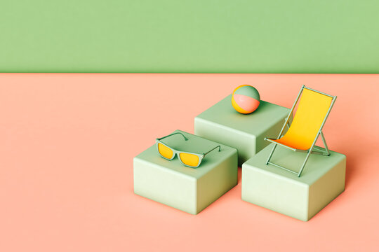 sunglasses, ball, beach chair on green cubes on pink