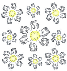 One line drawing of flowers leaves seamless woman face pattern.
One continuous line drawing of woman face portrait seamless pattern.