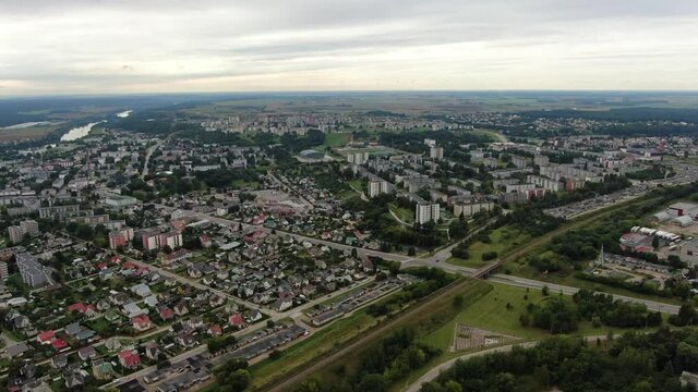 Beautiful cityscape of Jonava city in Lithuania, high angle drone view