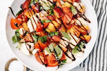 Peach Caprese salad overhead