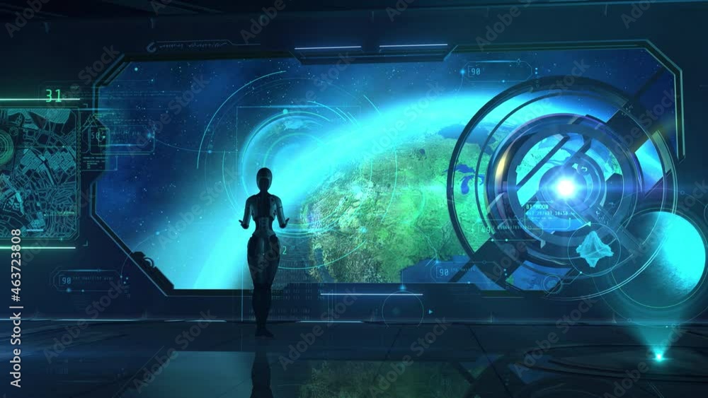 Poster the robot explores the earth from orbit, 3d render.