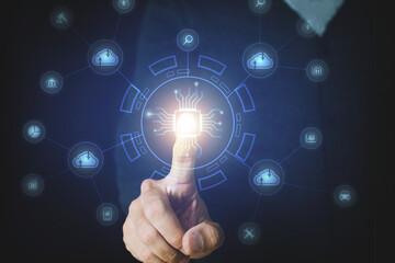 Business man touch button, Digital transformation technology strategy.