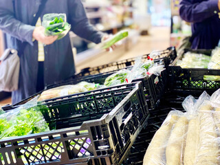 野菜売り場で野菜を選ぶ女性の手