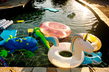 Inflatable toys floating in pool
