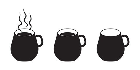 Set of black mug icon. Hot drink. Coffee or tea cup. Silhouette design. Flat art. Vector illustration. Stock image. 