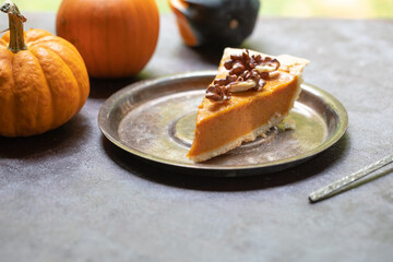 pumpkin pie on a plate