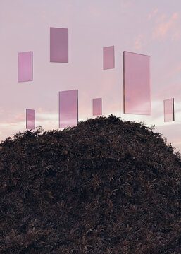 Flying glass sheets over sky