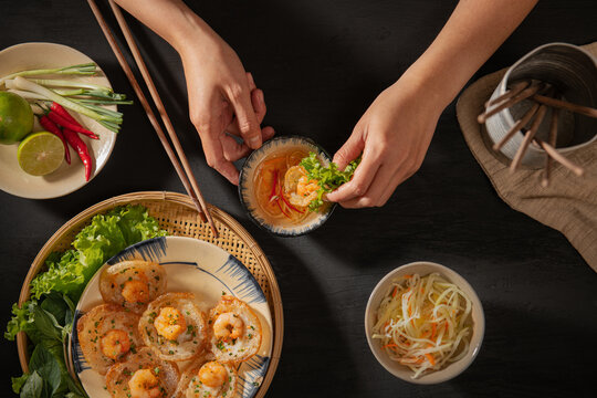 Plate of delicious Vietnamese tiny shrimp pancakes- Banh Khot