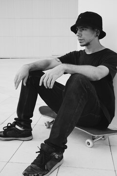 Black and white photo of a skateboarder