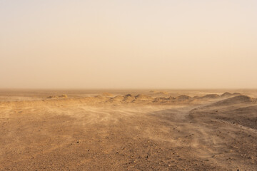Fototapeta na wymiar Whisps Of Sand Blow Over The Barren Desert Floor