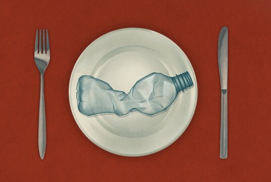 plastic bottle on a plate with a fork and a knife