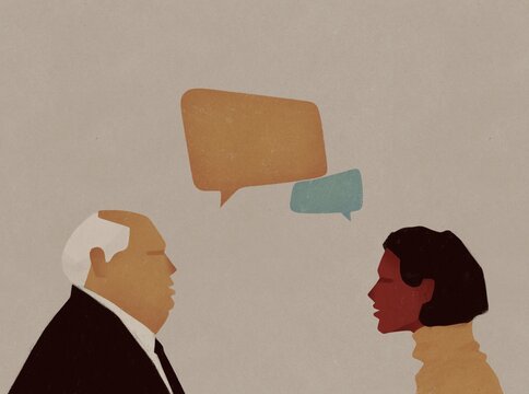 a man and a woman communicate with speech bubbles