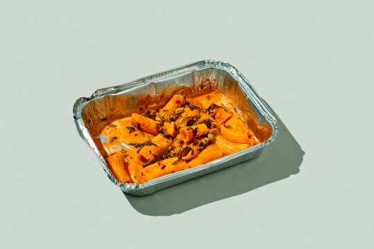 pasta leftovers in a foil tray