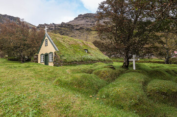 Exterior view of historic Hofskirkja in Iceland