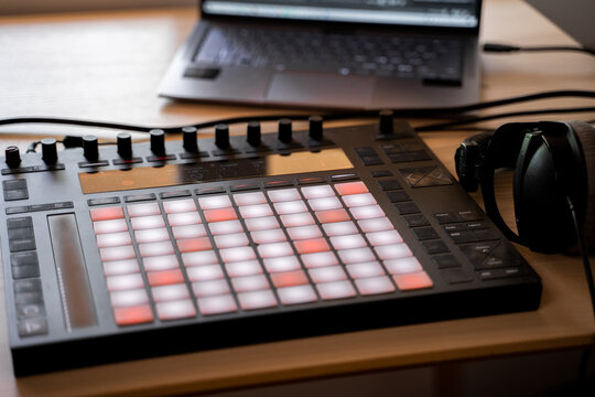 Music Studio desk with midi controller, headphones 