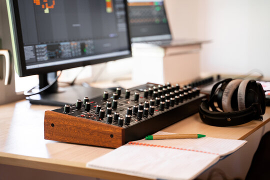 Music Studio with midi controller and analog synthesizer