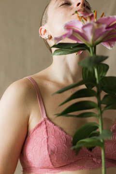 Woman and flower 
blooming