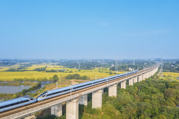 aerial view of high speed trains in rural autumn landscape