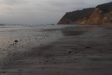 Ladnscape of a Beach next to a green Mountain on a cloudy day