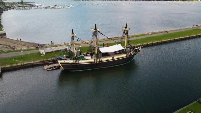 A drone captures sweeping overhead footage of a historical sailing ship in Salem, Massachusetts.