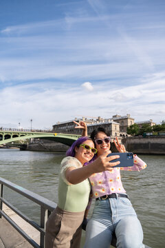 Happy Girls Taking Selfie In Paris