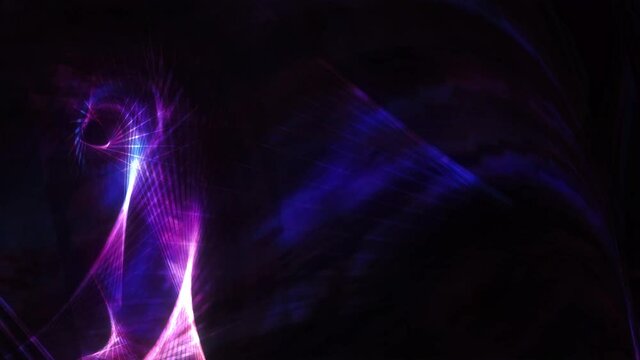 4K Abstract Geometry glow pink blue dark dynamic shape mesh wave rotate motion seamless loop on black background. Glowing lines flowing rotating abstract mesh. Futuristic Science fiction Loopable Busi