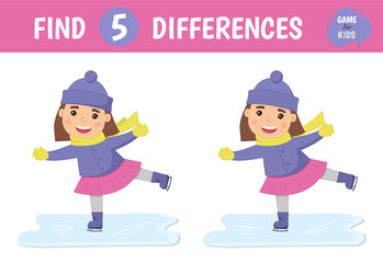Find the differences. A girl skates on ice in winter. Children's game of mindfulness. Vector illustration.