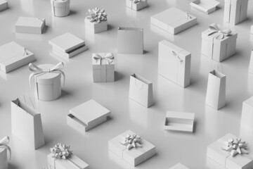 Presents: scattered white gifts and gift bags